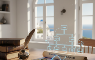 A detailed holographic flowchart illustrating the inheritance classes and distribution of an estate according to Greek intestate succession laws