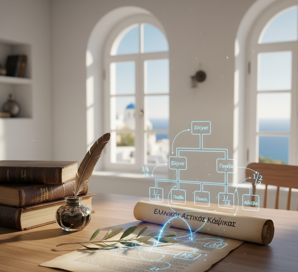 A detailed holographic flowchart illustrating the inheritance classes and distribution of an estate according to Greek intestate succession laws