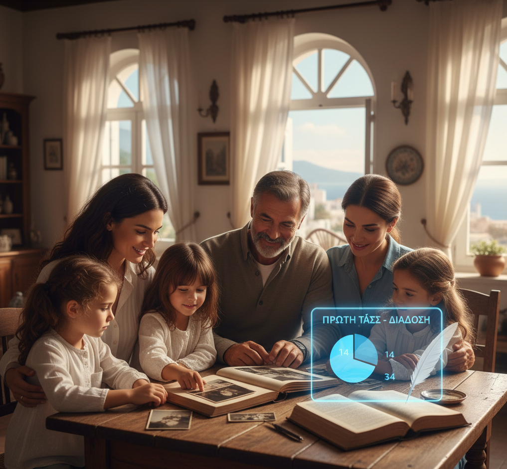 A Greek family gathered around a table, looking at a photo album.